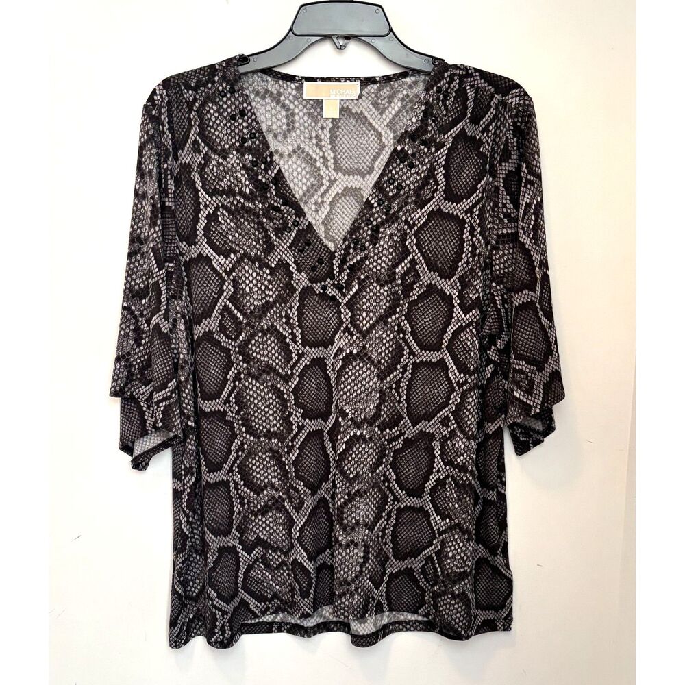 Michael Kors Snake Print Top Women’s Large Black Gray Studded V Neck Blouse